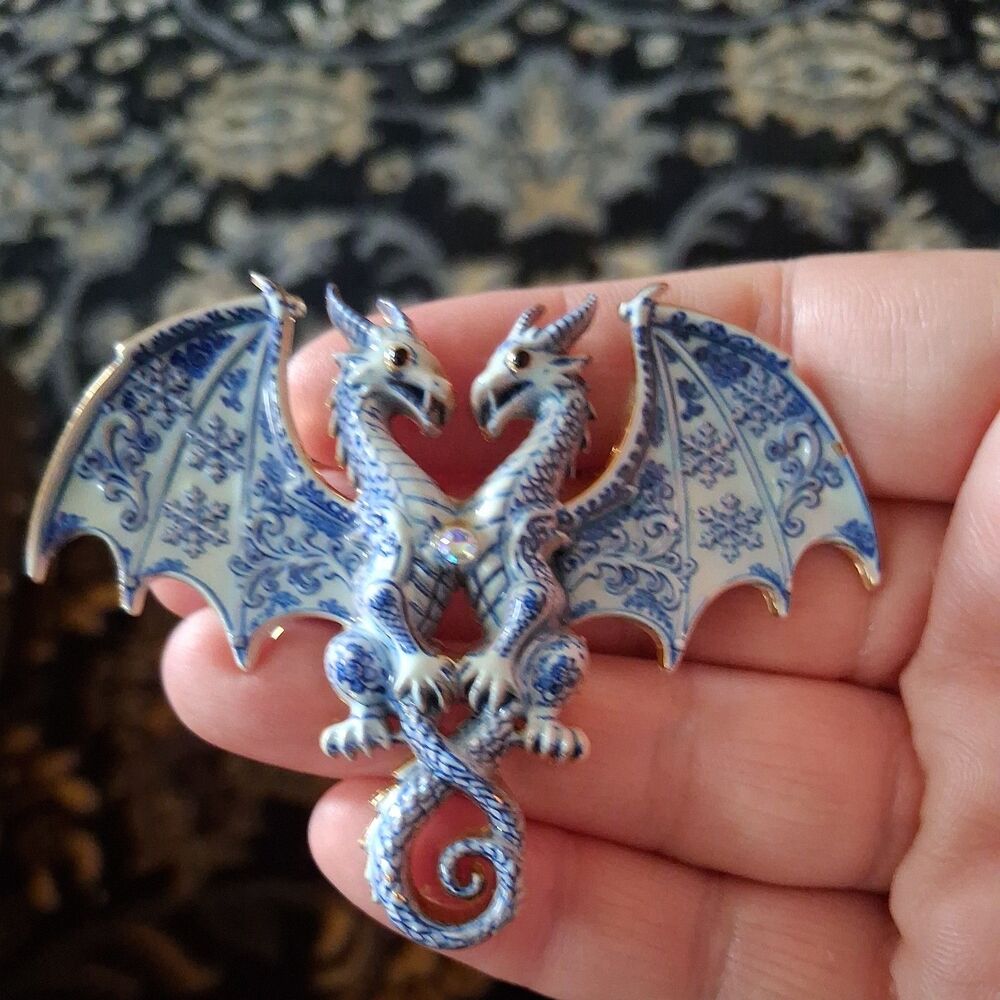 Blue Delft Style Double Dragon Brooch Pin Rhinestone Fantasy Statement 3.5”